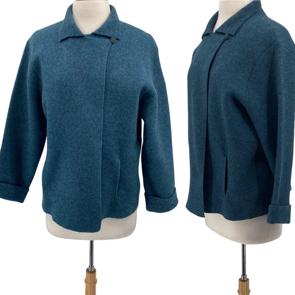 Eileen Fisher Wool Sweater Coat Asymmetric Button Cuffed Sleeves Blue Womens M